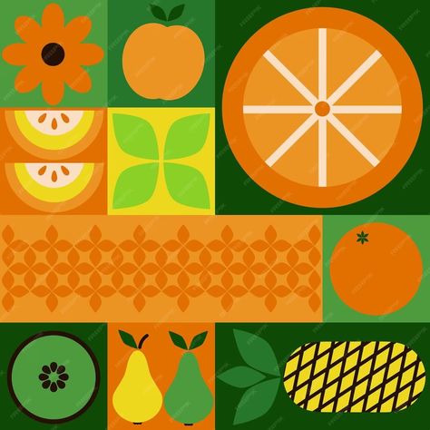 Premium Vector | Bauhaus fruits pattern seamless abstract geometric food bright colorful green and orange natural organic agriculture background decor textile wrapping paper wallpaper vector print or fabric Agriculture Background, Wrapping Paper Wallpaper, Organic Agriculture, Fruits Pattern, Beautiful Sketches, Birthday Party Theme Decorations, Background Decor, Organic Pattern, Paper Wallpaper