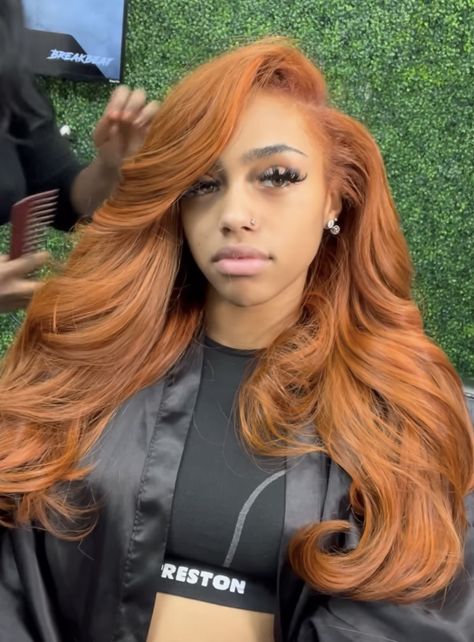 Ginger Lacefronts, Ginger Red Lace Front Wigs Black Women, Autumn Color Hair Black Women, Ginger Hair Black Women Side Part, Ginger Traditional Sew In, Ginger Leave Out Sew In, Copper And Blonde Hair Black Women, Ginger Sew In Weave With Leave Out, Ginger Side Part Wig