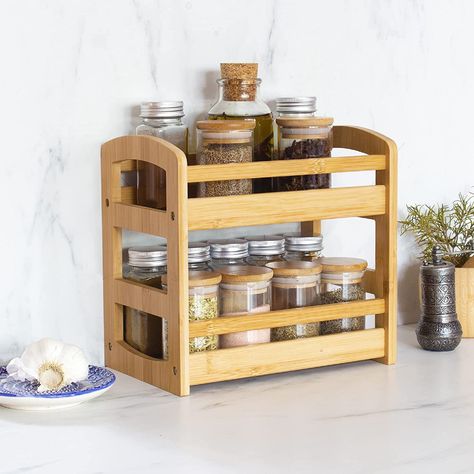 "Declutter Your Kitchen: Neatly store all of your favorite spices, seasonings and baking supplies on this spacious two shelf storage solution Maximize Your Space: Designed to allow for two rows of spices to be stored on each shelf of the spice rack Fits Where It's Needed: Sized just right for storage on the kitchen counter or in cupboards or pantries; assembled size measures 10\" x 6-1/8\" x 9-5/16\" Great Outside of the Kitchen too: This handy storage shelf is also great for organizing bathroom Bamboo Spice Rack, Kitchen Countertop Storage, Wood Spice Rack, Seasoning Storage, Bamboo Kitchen, Kitchen Spice Racks, Spice Shelf, Ideal Kitchen, Spice Rack Organiser