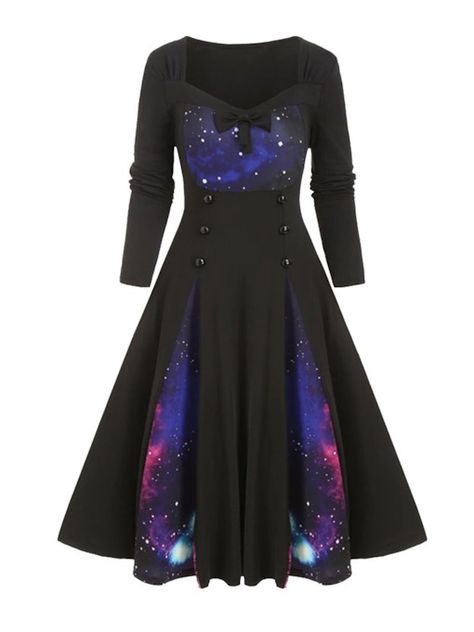 Long Sleeve Print Knee-Length Regular Bowknot Women's Dress Galaxy Things, Galaxy Clothes, Galaxy Goddess, Galaxy Dress, Purple Galaxy, Neon Dresses, Stitching Dresses, Goddess Dress, Womens Vintage Dresses