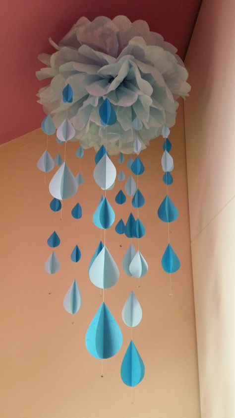 Paper rain mobile #paperart #papercloud #paperpompom #rain #blue Rain Cloud Mobile, Rain Classroom Decorations, Rain Theme Decoration, Rain Drop Craft, Raindrop Decorations, Vbs Magnified, Rain Decor, Proud Cloud, Raindrop Art