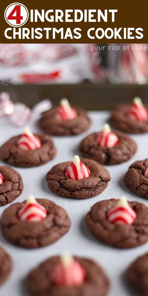 4 Ingredient Christmas Cookies - Your Cup of Cake Thumbprint Cookies Hershey Kiss, Kisses Cookies, Hershey Kiss Cookies, Chocolate Thumbprint Cookies, Peppermint Chocolate, Thumbprint Cookies Recipe, Cookies Gluten Free, Kiss Cookies, Thumbprint Cookies