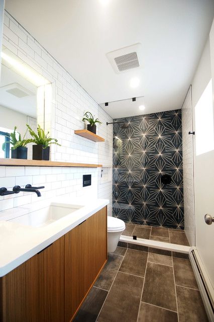 Geometric tile, earth tones and teak update a midcentury modern-inspired design in Massachusetts Long Narrow Bathroom, Calming Bathroom, Large Shower Tile, Makeover Kamar Mandi, Modern Luxury Bathroom, Small Bathroom With Shower, Narrow Bathroom, Floor Remodel, Bathroom Design Inspiration