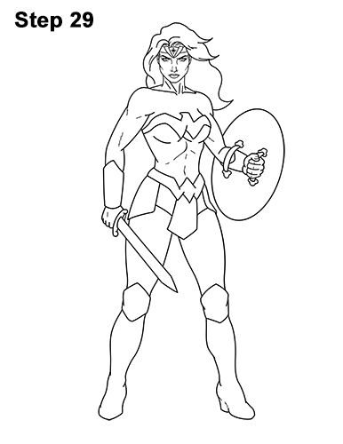 How to Draw Wonder Woman Full Body 29 Draw Wonder Woman, Wonder Woman Drawing, Drawings With Meaning, Batman Drawing, Drawing Superheroes, Cartoon Drawing Tutorial, Body Sketches, Woman Sketch, New Drawing