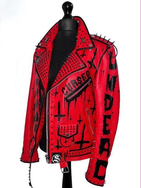 Red Punk Leather Jacket For Fall, Red Battle Jacket, Black And Red Battle Jacket, Gothic Black Leather Jacket With Spikes, Red Leather Punk Outerwear, Ropa Upcycling, Punk Style Outfits, Studded Jacket, Style Punk