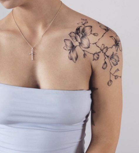 Gardenia Shoulder Tattoo, Orchid Collar Bone Tattoo, Orchid Shoulder Tattoos For Women, Orchid Tattoo Collar Bone, Shoulder Cap Tattoos For Women Unique, Orchid Shoulder Tattoo, Clavical Tattoos, Clavical Tattoos Women, Front Shoulder Tattoo