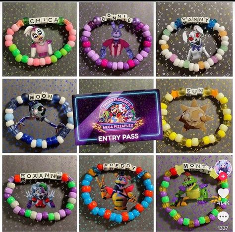 Security Breach Bracelets, Kiki And Lala Bracelets, Fnaf Friendship Bracelet, Fnaf Bracelet Pattern, Fnaf Bead Bracelets, Cartoon Bracelet Ideas, Kandi Bracelets Ideas Words, Fnaf Kandi Bracelet, Fnaf Things To Make