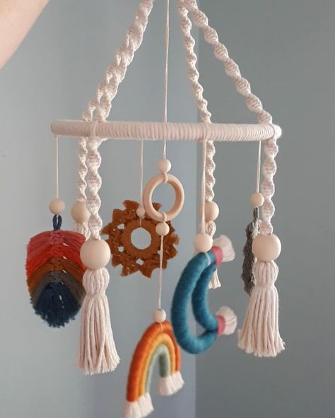 Moon Macrame, Crib Mobiles, Rainbow Hanging, Macrame Nursery, Crib Nursery, Macrame Baby, Art Mobile, Fiber Wall Art, Rainbow Macrame