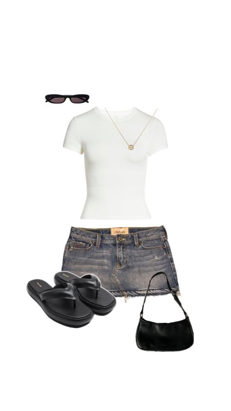 Denim mini skirt, white t-shirt, gold chain, black platform flip flop sandals, black sunglasses casual summer outfit idea Skirt Outfit Ideas Summer, Black Platform Sandals Outfit, Mini Skirt Outfit Ideas, Platform Sandals Outfit, Black Platforms, Mini Skirt Denim, Outfit Ideas Black, Mini Skirt Outfit, Skirt Outfit Ideas