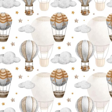 Hot Air Balloon with basket, clouds and stars. Watercolor seamless pattern. Cute baby background. For kid's goods, clothes, textile, postcards, baby shower, wallpaper and children's room Baby Shower Wallpaper, Textile Postcards, Shower Wallpaper, Stars Watercolor, Baby Background, Clouds And Stars, Watercolor Wallpaper, Hot Air Balloon, Air Balloon