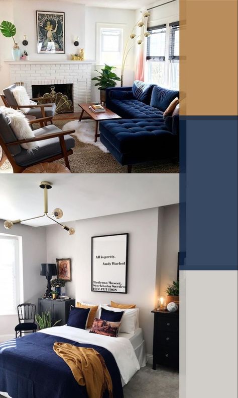 Navy Grey And Brown Bedroom, Navy Couch Color Schemes, Brown And Blue Furniture, Tan And Blue Color Scheme, Navy Blue Brown Bedroom, Navy Tan Bedroom, Black White Tan Blue Color Scheme, Blue And Earth Tones Living Room, Navy Bedroom Color Scheme