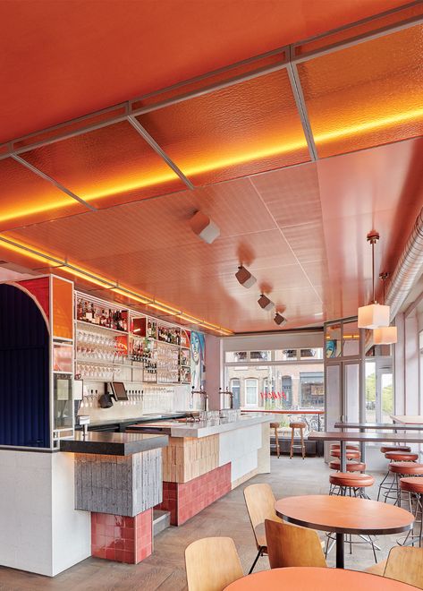 Studio Modijefsky's Bar Ramona Riffs on Amsterdam's "Brown Cafés" - Azure Magazine | Azure Magazine Neon Sign Interior Design, Restaurant Lighting Ideas Ceilings, Orange Cafe Interior, Neon Cafe, Commercial Interior Architecture, Orange Restaurant, Backyard Cafe, Cafe Space, Lake Town