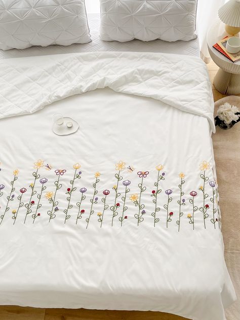 White    Polyester Floral  Embellished   Bedding Bedsheet Embroidery, Embroidered Bedspread, Simple Hand Embroidery Patterns, Hand Embroidery Dress, Hand Embroidery Flowers, Bedspread Set, Hand Embroidery Art, Hand Embroidery Patterns, Embroidery Dress