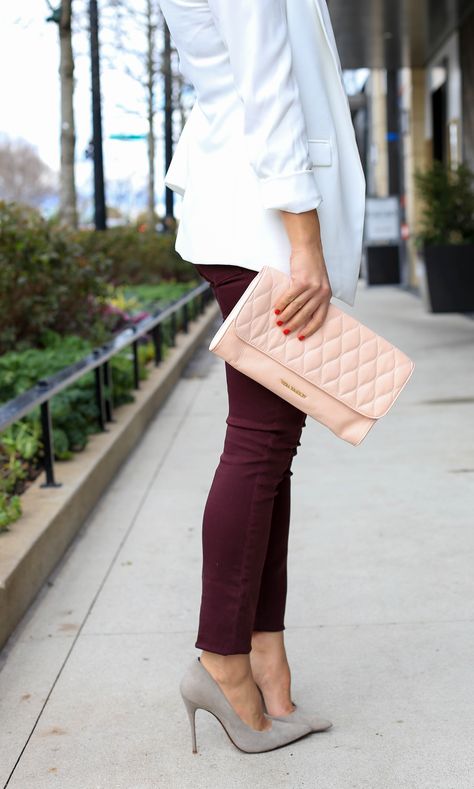 White Blazer and burgundy jeans with grey suede heels - @mystylevita Grey Pumps Outfit, Grey Heels Outfit, Suede Heels Outfit, Burgundy Heels Outfit, Heels Outfit Ideas, Burgundy Pants Outfit, Peplum Top Outfits, White Blazer Outfits, Pumps Outfit