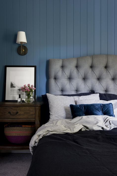 The Queenslander Resources Guide - Cedar & Suede Blue Wall Panelling, Vj Panelling, Navy Headboard, Upholstered Bedhead, Headboard Bedroom, Wall Panelling, Bedroom Renovation, Blue Bedroom, Master Bedrooms Decor