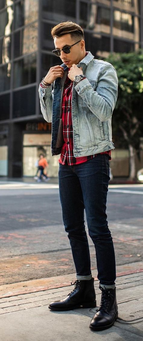 Hottest Red Check Shirt- Denim Jacket -Black Denims- Outfits-for-Men Mens Rocker Style, Vintage Denim Jacket Outfit, Denim Jeans Outfit Men, Checked Shirt Outfit, Summer Mens Fashion, Red Checked Shirt, Outfit Botas, Denim Street Style, Flannel Outfits