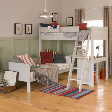 Fargo high sleeper beds with furniture underneath | Fargo loft beds | Little Folks Furniture Loaf Bed For Small Room, Loft Bed With Sofa, Loaf Bed, Bed For Small Room, Teen Bedroom Inspiration, Sleeper Beds, Single Loft Bed, High Bed Frame, Comfy Sofa Bed