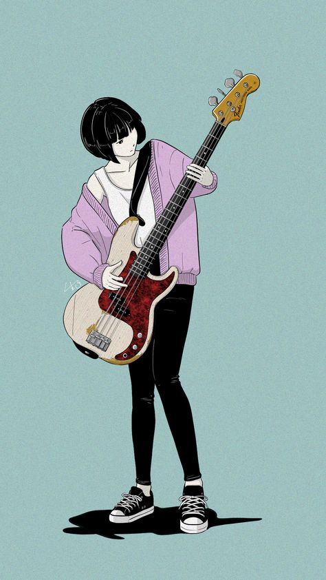 Musician Character Art, Anime Bassist, Anime Band, Cartoons Band, Japan Graphic Design, Guitar Drawing, Japanese Pop Art, Musician Art, Music Drawings