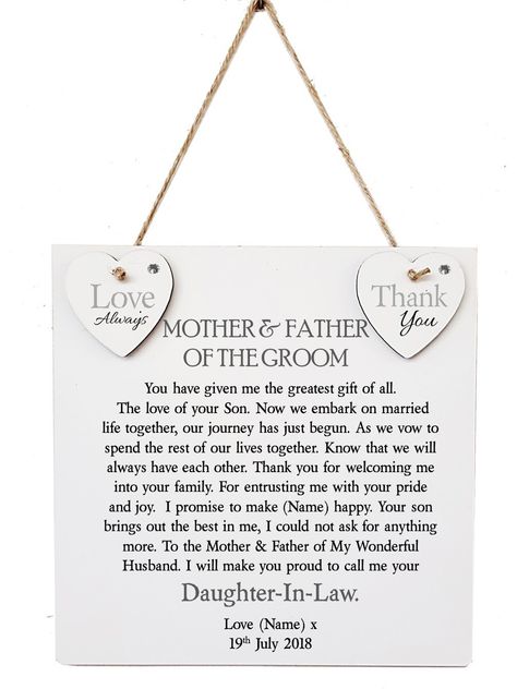 Thank You Parents Wedding, To My Father In Law On My Wedding Day, Father In Law Wedding Gift From Bride, Gifts For Grooms Parents, Thank You Poems, Personalised Wedding Gifts, Wedding Verses, Loving Words, Wedding Plaques