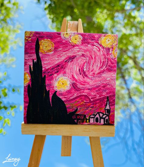 #acrylicpainting #artwork #starry #night #pink #aesthetic Night Pink Aesthetic, Pink Starry Night, Tiny Paintings, Starry Night Painting, Acrylic Colours, Pink Painting, Painting Inspo, Small Canvas Art, Night Painting