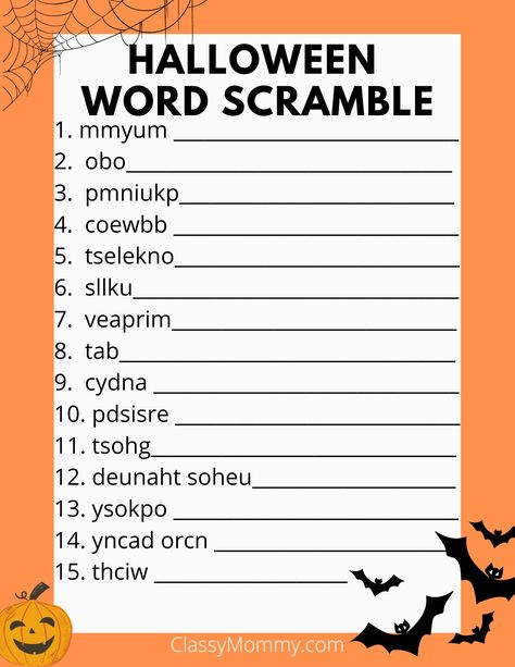 Free Printable Halloween Word Scramble - Classy Mommy Halloween Word Scramble Free Printable, Halloween Worksheets Free Printable, Halloween Word Scramble, Halloween Worksheets Free, Magic Objects, Christmas Word Scramble, Free Printable Halloween, Thanksgiving Words, Halloween Worksheets