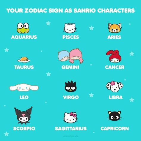 Hello Kitty Characters Zodiac Signs, Hello Kitty And Friends Zodiac Signs, Sanrio Characters Zodiac Signs, Sanrio Zodiac Signs, Sanrio Zodiac, All Hello Kitty Characters, Sanrio Diy, Sanrio Puroland, Zodiac Characters