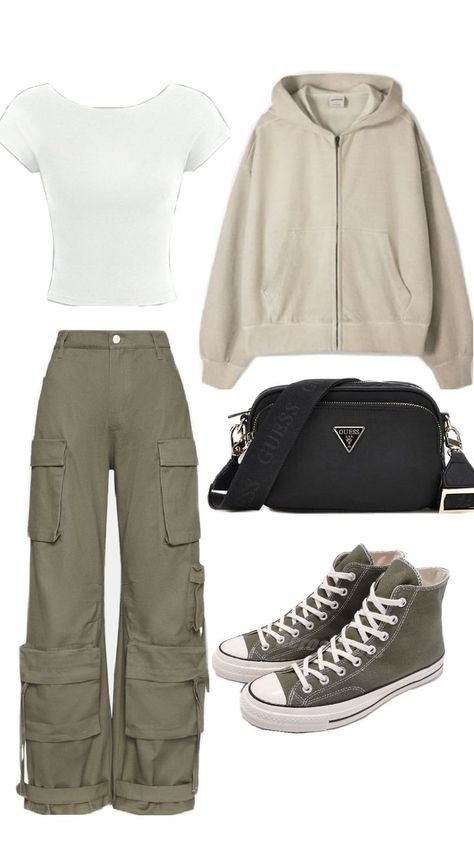 Khaki green cargo pants, white top, beige hoodie, dark green shoes, black bag. 🌸 Dark Green Shoes, Beige Hoodie, Green Cargo Pants, Green Cargo, Pants White, Green Shoes, Black Bag, Khaki Green, Shoes Black