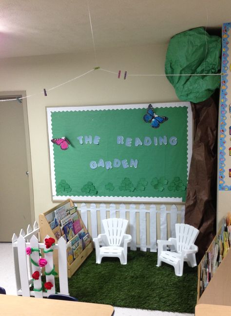 The Reading Garden Classroom Reading Garden, Daycare Reading Area, Reading Corner Garden, Reading Area Kindergarten, Reading Garden Book Corner, Reading Garden Eyfs, Book Corner Ideas Childcare, Garden Reading Corner, Reading Garden Classroom