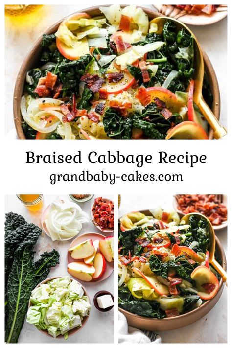 In this perfect Braised Cabbage dish, caramelized cabbage and onions are paired with kale and sweet-tart apples to create the perfect side full of delicious flavors. Caramelized Cabbage, Cabbage And Onions, Cabbage And Kale, Braised Kale, Braised Cabbage, Cabbage Recipe, Fried Apples, Sweet Tart, Creamed Spinach