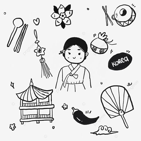 South Korea Drawing Easy, Korean Line Art, Cute Korean Doodles, Korea Doodle, Small Easy Doodles, Cute Small Easy Doodles, Korean Doodle, Drawing Korean, Drawing Motivation