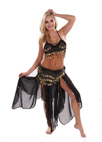 Belly Dancer Costume Set | Chiffon Skirt-Top  Hip Scarf | Passionate Persuasion (SMALL/MEDIUM, BLACK/GOLD) * Continue to the product at the image link. Arabian Nights Costume Woman, Genie Outfit Ideas, Arabian Costume Women, Genie Costume For Women, Arabian Belly Dancer Outfits, Arabian Nights Party Outfit Women, Learning Dance, Belly Dancer Costume, Genie Costume