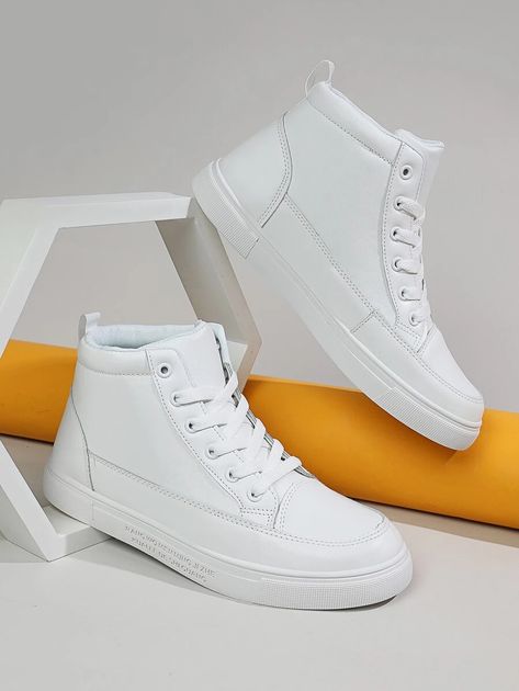 Men Slogan Graphic Lace-up Front High Top Skate Shoes | SHEIN Shoes Shein, Male Shoes, Mid Top Shoes, White High Tops, Men Sneakers, Mid Top, The Men, High Top Shoes, Skate Shoes