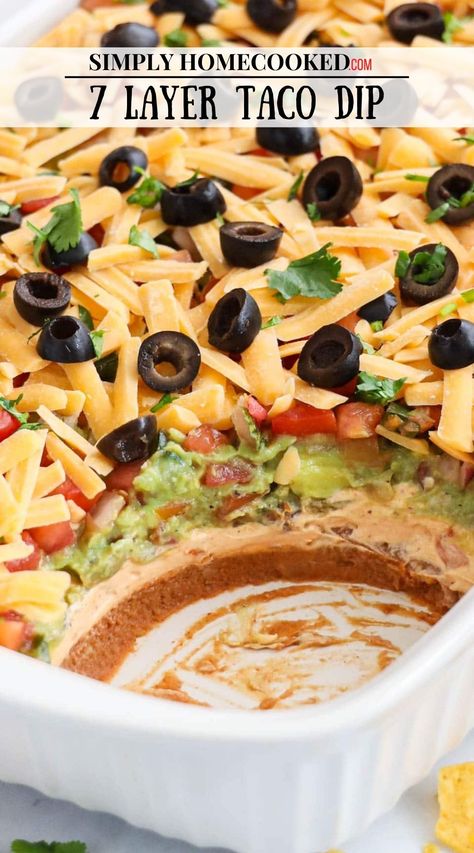 Layered Nacho Dip, Nachos Dip Recipe, Layer Taco Dip, Mexican Dip Recipes, 7 Layer Taco Dip, 7 Layer Dip Recipe, Vegetarian Dip, Chip Dip Recipes, Dip For Tortilla Chips