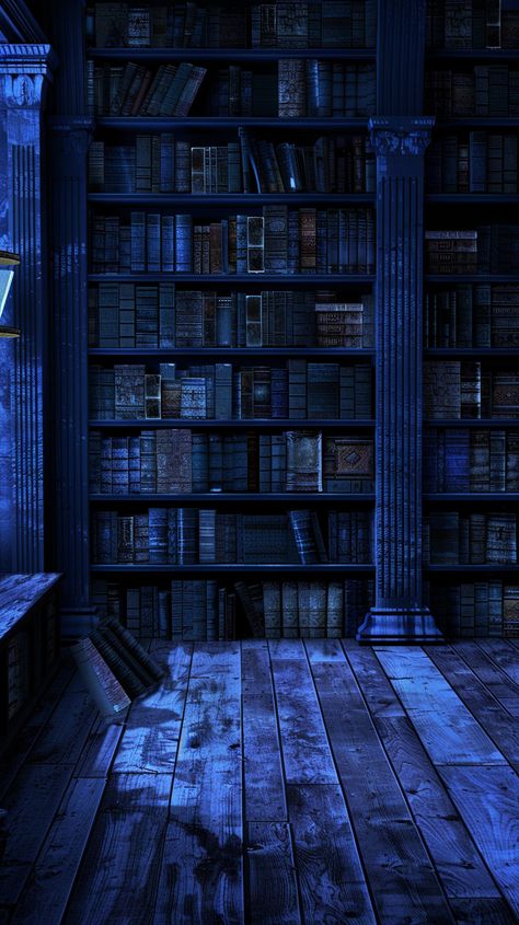 The scent of wood and ceiling shelving, the perfect attic library. #atticlibrary #floortoceiling #booklovers #books Book Library Wallpaper, Winter Library Aesthetic, Dark Blue Books Aesthetic, Dark Blue Library Aesthetic, Library Blue Aesthetic, Night Library Aesthetic, Blue Bookshelf Aesthetic, Dark Blue Book Aesthetic, Blue Wizard Aesthetic