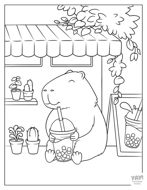 Capybara drinking boba at cafe. Yay Coloring Pages, Boba Coloring Page, Capybara Coloring Page, Free Printable Coloring Pages For Adults Easy, Coloring Book Art Free Printable, Coloring Pages Food, Funny Coloring Pages, Cute Coloring Pages For Kids, Book Coloring Pages