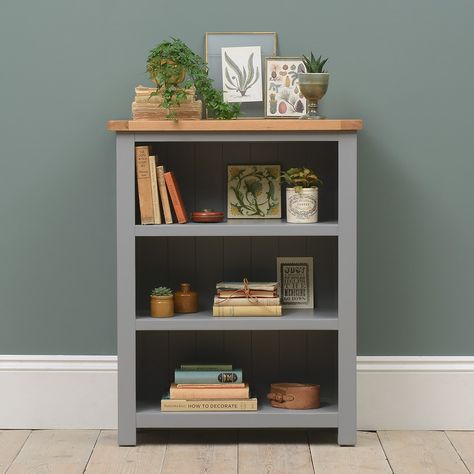 Small Bookcase Makeover, Bookcase Makeover, 3 Shelf Bookcase, Sliding Drawers, Low Bookcase, Small Bookshelf, Small Bookcase, Grey Paint, Oak Veneer