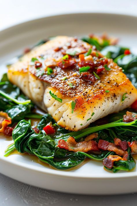 Easy Keto Seabass Recipe with Bacon Braised Greens for a Healthy Dinner Seabass Fillet Recipe, Sea Bass Fillet Recipes, Seabass Recipe, Recipe With Bacon, Sea Bass Recipes, Braised Greens, No Carbs, Sea Bass, Bacon Recipes