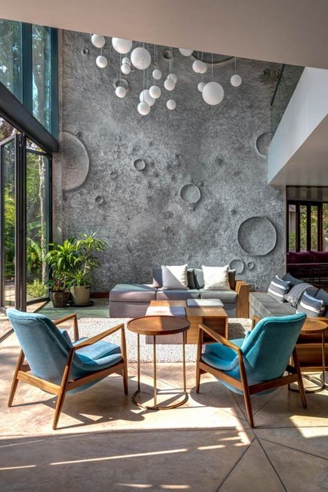 Fluid Lines Of The Moon House Seamlessly Merges With The Outdoor Landscape | SAV Architecture - The Architects Diary Room Wall Design, Moon House, Living Room Wall Designs, Double Height, Moon Decor, Interior Design Art, Natural Stone Tile, Cafe Design, Beautiful Interiors