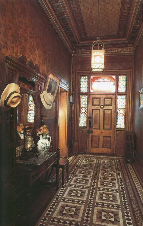 tiled entrance hall victorian house Victorian House Entrance Hall, Dark Academia Entrance Hall, 1905 Victorian House, 1899 House Interior, Victorian Home Entrance, Victorian House Entrance, Entrance Hall Aesthetic, 1870s House Interior, Old House Entryway