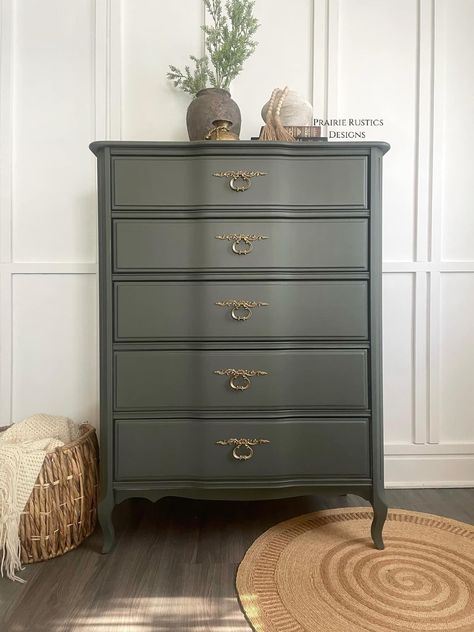 Dresser Nightstand Ideas, Green Bedside Table, Olive Green Bedrooms, Green Bedroom Furniture, Green Nightstands, Green Grey Paint, Havenly Living Room, Tallboy Dresser, Small Bungalow