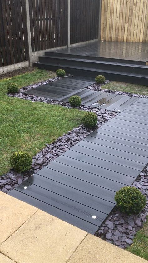 Graphite decking with lights and a slate border. #diydecks #deckdesign Moderne Have, Outdoor Walkway, Back Garden Design, Outdoor Gardens Design, Backyard Garden Design, Composite Decking, Small Garden Design, Backyard Patio Designs, Liquor Bottles