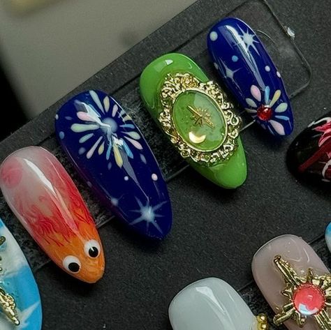 Calcifer Nails, Howls Moving Castle Nails, Castle Nails, Howl Pendragon, Howl's Moving Castle, Howls Moving Castle, Press On Nails, Nail Inspo, Castle