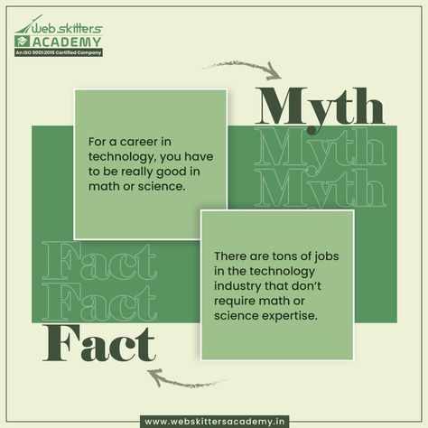 Are you looking for a career in technology? No, math and science are not compulsory subjects for that! It has just been a myth traveling around with us for decades. However, the truth is if you have the knack for technology, the industry will flood you with opportunities. #WebskittersAcademy #mythfact #burstingmyth #SmartPhone #enhanceyourknowledge #growwithus Myth And Fact Design, Myth Vs Fact Creative Design, Myth And Fact, Myth Fact, Myth Busters, Math And Science, Logo Design Set, The Knack, Technology Industry