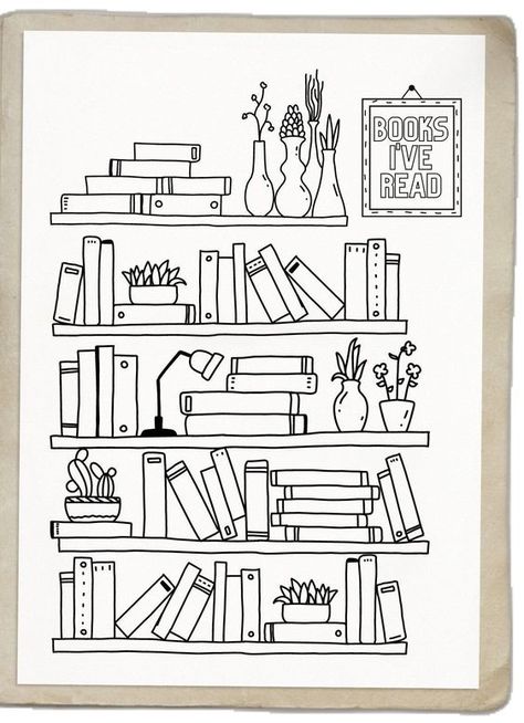 Bookshelf Doodle, Reading Doodles, Bookshelf Drawing, Shelf Drawing, Bullet Journal Layout Templates, Library Drawing, Reading Journal Printable, Books Drawing, Empty Book