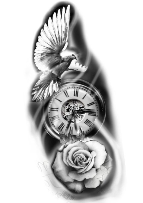 Clock Rose Tattoo, Dove And Rose Tattoo, Time Piece Tattoo, Clock Tattoo Sleeve, Clock And Rose Tattoo, Rose Tattoo Forearm, Dove Tattoo Design, Rose Clock, Dove Tattoos