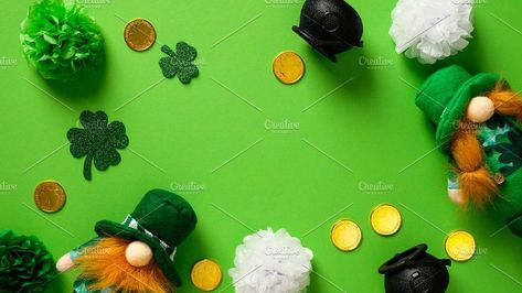 Happy St Patricks Day flat lay composition with leprechauns, shamrock, gold coi by photoguns on @creativemarket Product Shooting, Crinkle Paper, Happy St Patricks Day, St Patricks, St Patrick, St Patricks Day, Flat Lay, Composition, Gold