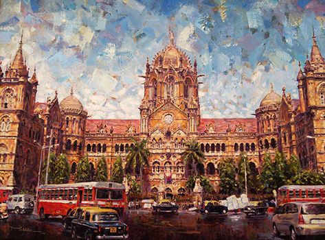 Chhatrapati Shivaji Terminus (CST) by Mukhtar Kazi, 30 x 40, Acrylic on Canvas  Mumbai 24 - Exhibition of paintings by artist Mukhtar Kazi at Kamalnayan Bajaj Art Gallery in February, 2014. Mumbai Art Illustrators, Mumbai Canvas Painting, Mumbai City Painting, Mumbai Painting, Mumbai Illustration, Char Minar, Nariman Point, Mumbai Art, Rangoli Competition