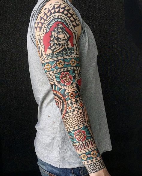 Trad Sleeve, Traditional Sailor Tattoos, Pirate Ship Tattoos, American Traditional Sleeve, Traditional Tattoo Stencils, Stick Poke, Sailor Tattoos, Traditional Tattoo Flowers, Full Tattoo