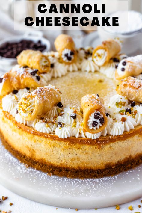 Cannoli Cheesecake features a graham cracker crust, it tastes just like cannoli filling, and it’s topped with a delicious Ricotta Whipped Cream. Canoli Cheesecake, Ricotta Whipped Cream, Ricotta Whipped, Cannoli Cheesecake Recipe, Cheesecake Christmas, Cannoli Cheesecake, Pies And Tacos, Christmas Cheesecake Recipes, Cannoli Filling