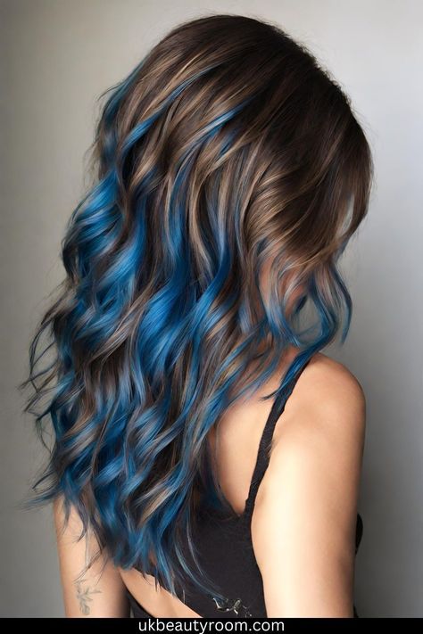 Unique Trending hairstyle ideas|hairstyles for school - summer hairs colors Blue Balayage Hair Short, Dark And Colorful Hair, Brown To Blue Balayage, Blue Brunette Hair, Blue Hair Dye Ideas For Brunettes, Blue Balayage Hair Brunettes, Blue Hair Highlights Brunette, Dark Hair With Blue Highlights, Balayage Blue Hair